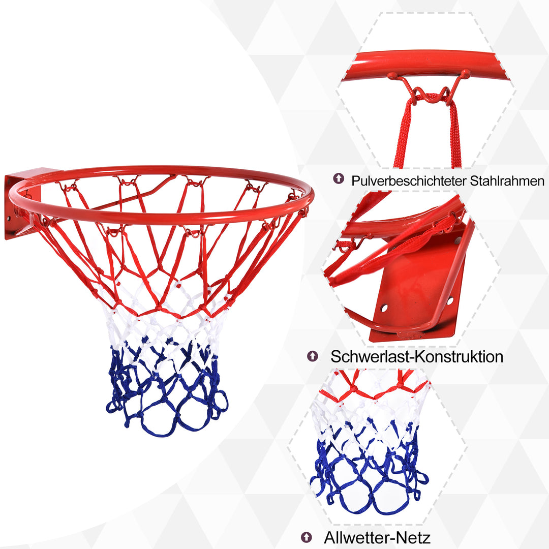 Basketballkurv, indendørs og udendørs med 46 cm kurv og net, vægmonteret, basketballbræt til unge voksne, rød + blå + hvid