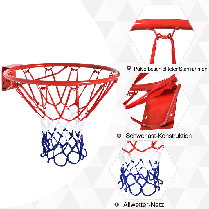 Basketballkurv, indendørs og udendørs med 46 cm kurv og net, vægmonteret, basketballbræt til unge voksne, rød + blå + hvid