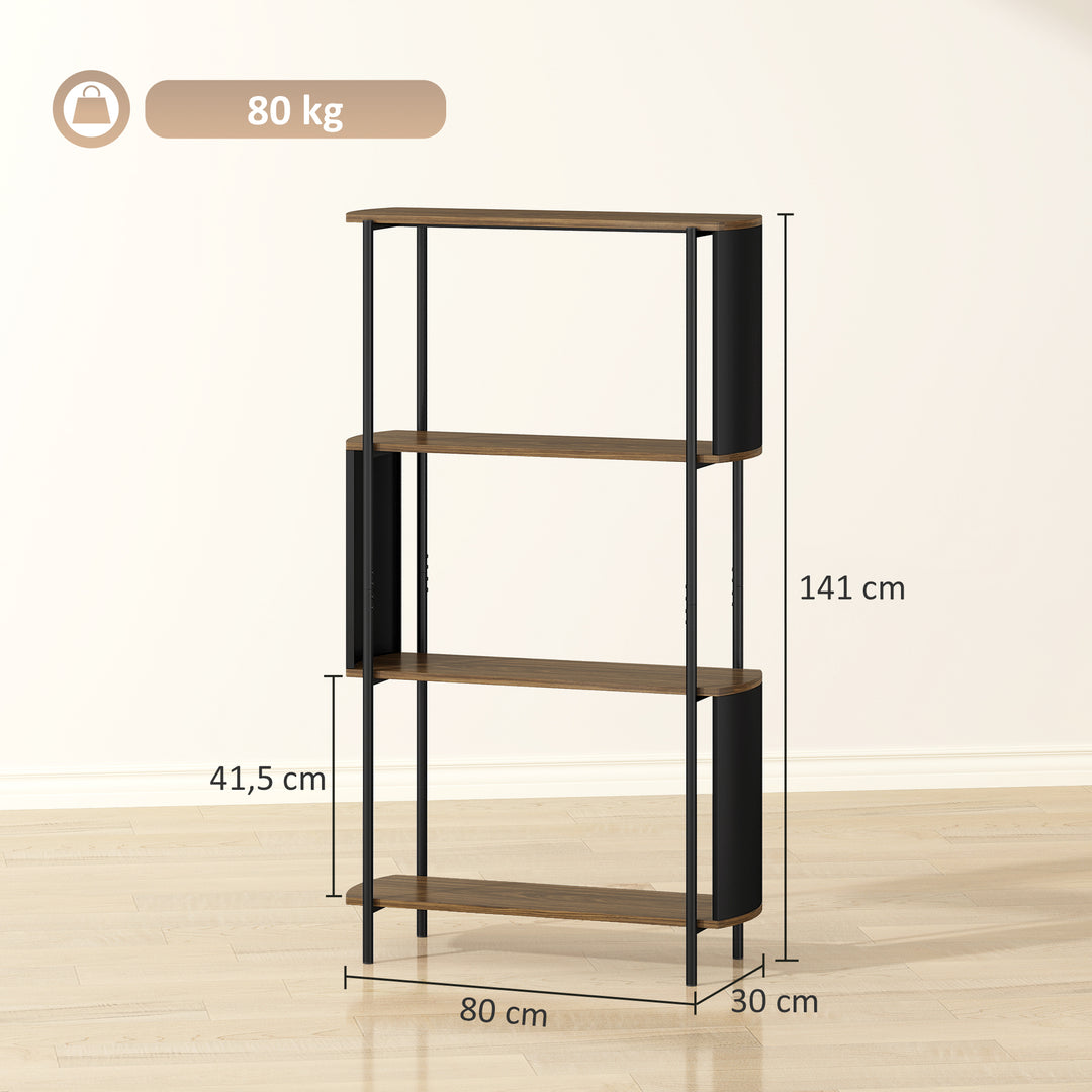 Bogreol, fritstående hylde med 4 hylder, buet design, til stue, soveværelse, 80 x 30 x 141 cm, brun
