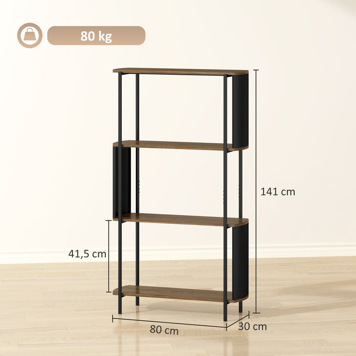 Bogreol, fritstående hylde med 4 hylder, buet design, til stue, soveværelse, 80 x 30 x 141 cm, brun