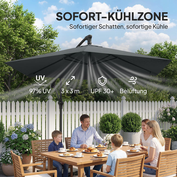 Fritstående parasol ca. Ø300 cm, solskærm med låsemekanisme, håndsving, stativ, vægte, mørkegrå
