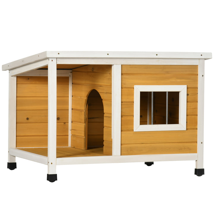 Hundehus med veranda, hængslet tag, vindue, justerbare fødder, naturtræ, orange, 85,5 x 62 x 60 cm