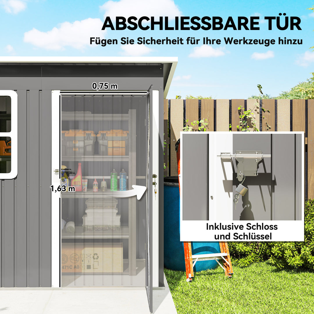 Haveskur, havehus med vindue, aflåselig dør, til have, terrasse, stål, 221l x 133b x 190h cm, grå