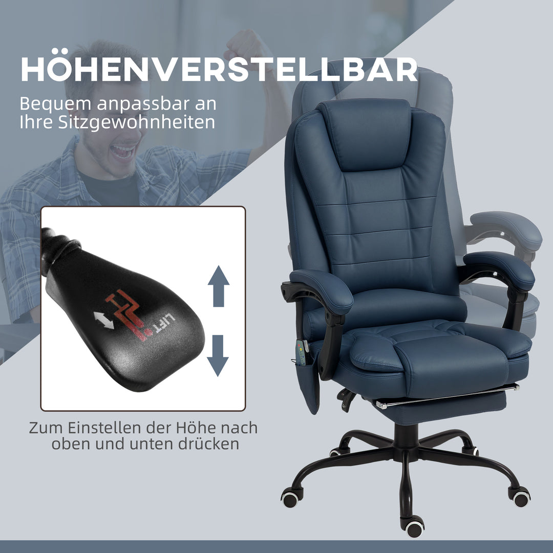 Massagekontorstol, 7 vibrationspunkter, justerbar fodstøtte og ryglæn, op til 120 kg, læderlook, blå