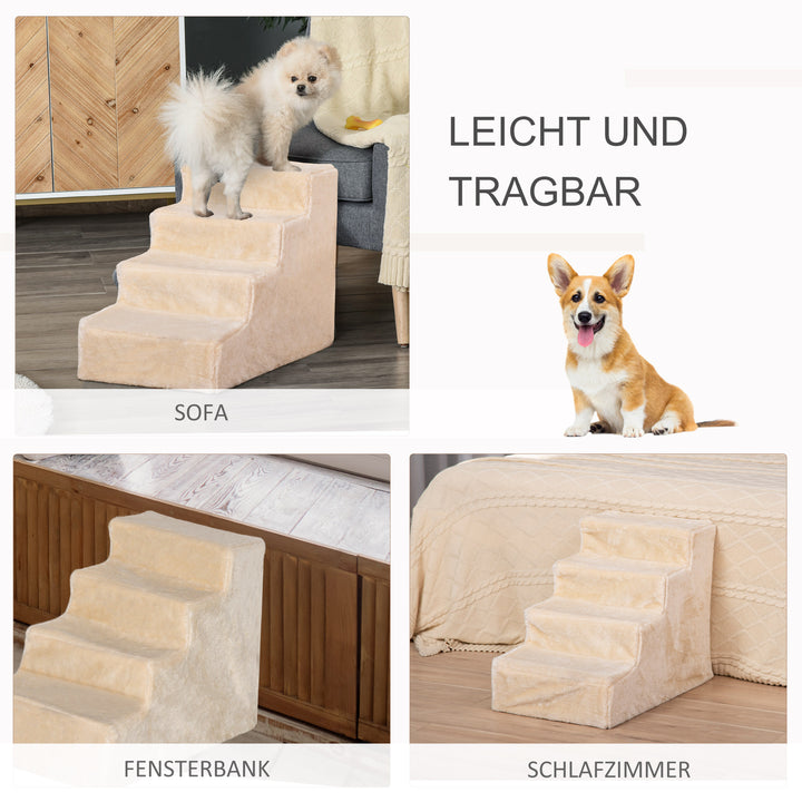 4-Trins hundetrappe, 35 cm kattetrappe til seng og sofa, kæledyrstrappe til hunde og katte op til 5 kg, plyslook, beige