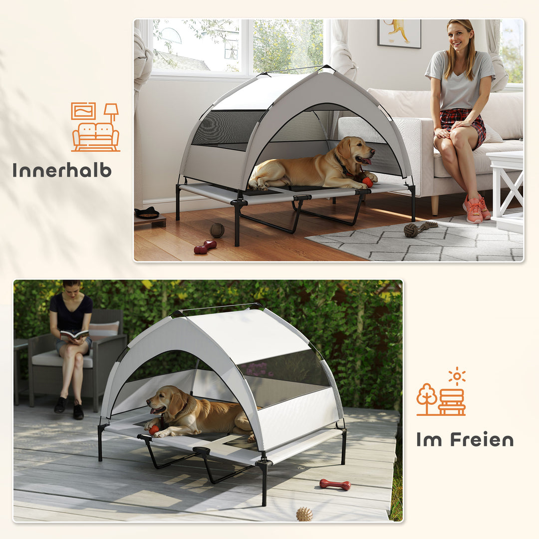 Udendørs hundeseng med tag, hævet hundeseng til ekstra store hunde, med stålramme, 122x92x94cm, lysegrå