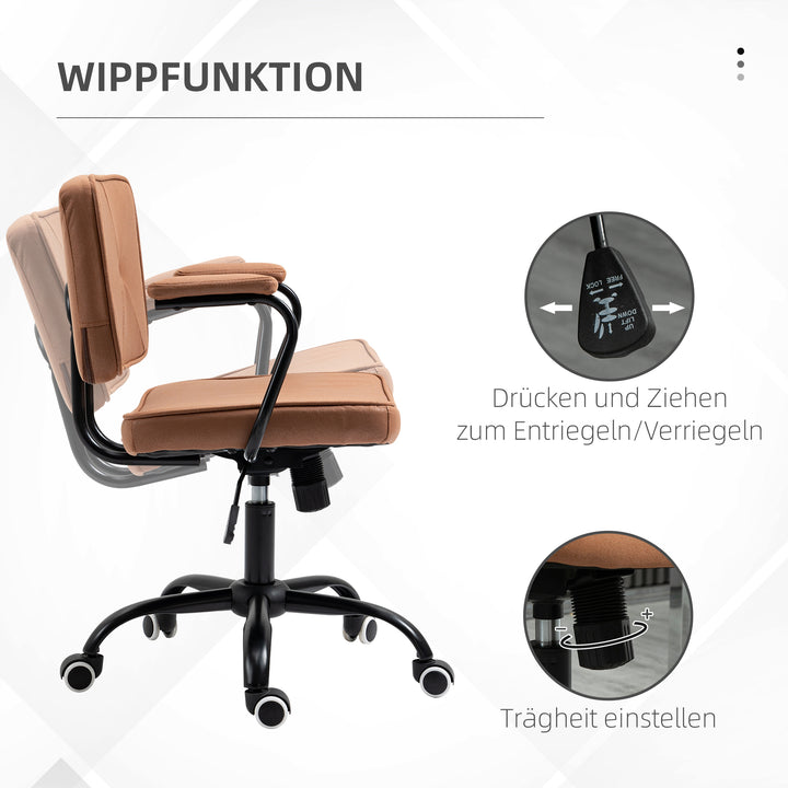 Kontorstol med hjul, drejestol, skrivebordsstol til kontoret, højdejusterbar med vippefunktion, 360° rotation, vipbar, skum, brun, 61 x 58 x 82-91 cm