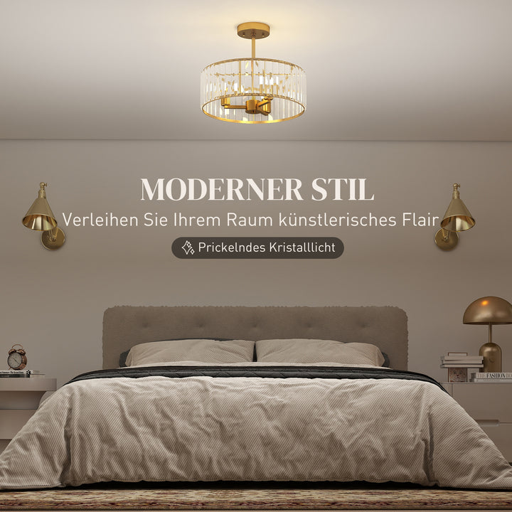 Loftlampe, lysekronedesign, krystalskærm, 3 pærer, metal, guld
