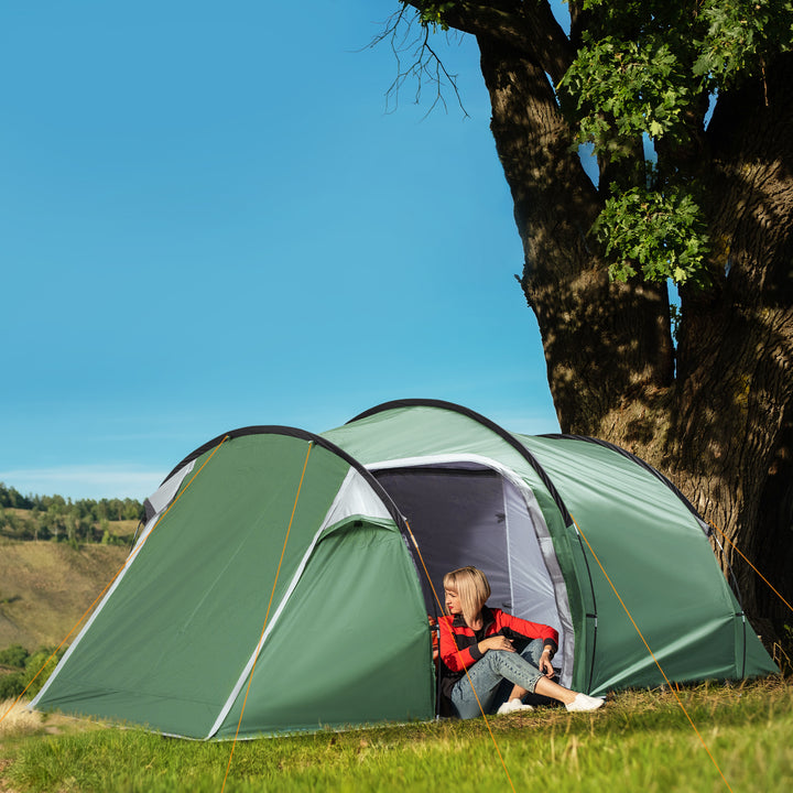 Campingtelt til 2-3 personer, stabilt, vandtæt familietelt med sidedør og vindue, telt med 2000 mm vandsøjle, tunneltelt, kuppeltelt til camping, rejser, trekking, have, mørkegrøn