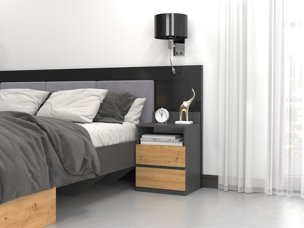 Moderne sengebord med 2 skuffer, antracit og naturfarvet