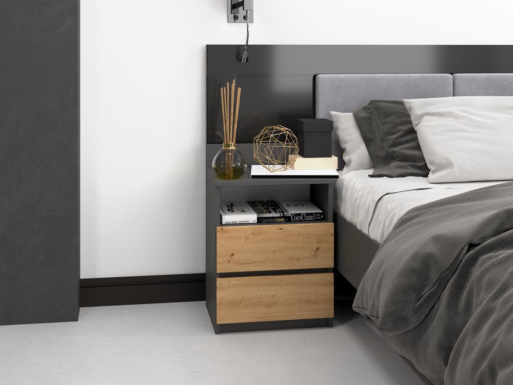 Moderne sengebord med 2 skuffer, antracit og naturfarvet