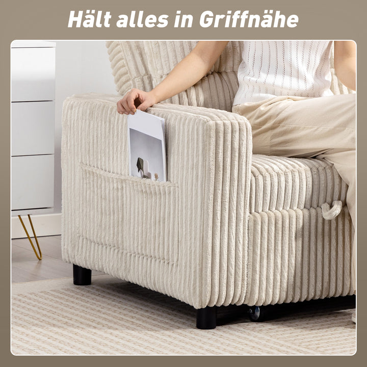 2-personers sovesofa, fløjlsbetræk, kan laves om til en sovesofa, 2 hynder, sidelommer, 157 x 190 cm, cremehvid