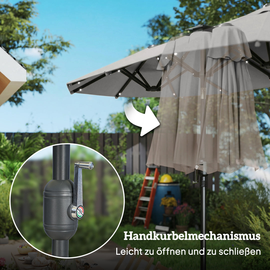 Dobbelt parasol 292 x 150 cm, parasol med LED-belysning, håndsving, vippefunktion, khaki