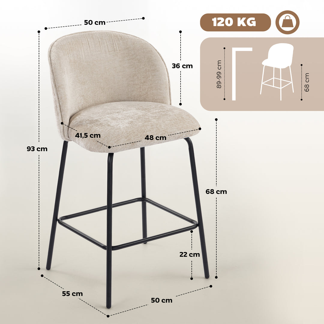 Sæt med 2 barstole med ryglæn og fodstøtte, polstrede stole med stålben til køkkenø, spisestue, beige