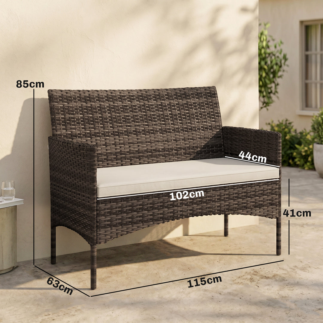 2-personers havesofa i rattan, PE-rattan udendørs terrassesofa med hynder, skridsikre måtter, stålstel, khaki