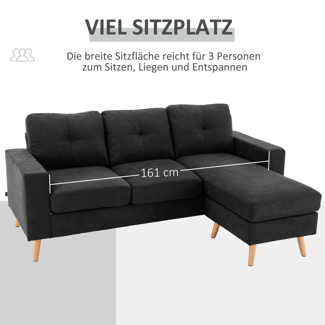 3-Personers sofa, hjørnesofa, med chaiselong, knapsyninger, 193 x 136 x 85 cm, sort