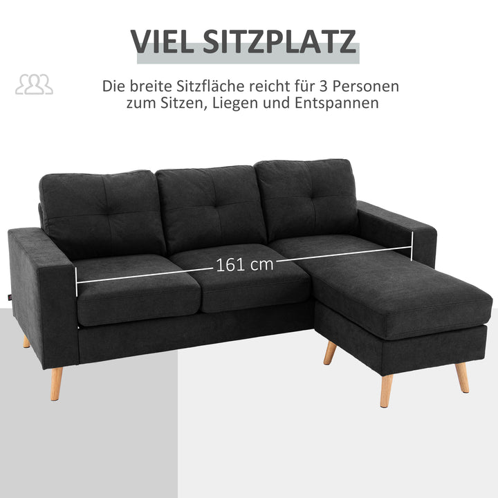 3-Personers sofa, hjørnesofa, med chaiselong, knapsyninger, 193 x 136 x 85 cm, sort