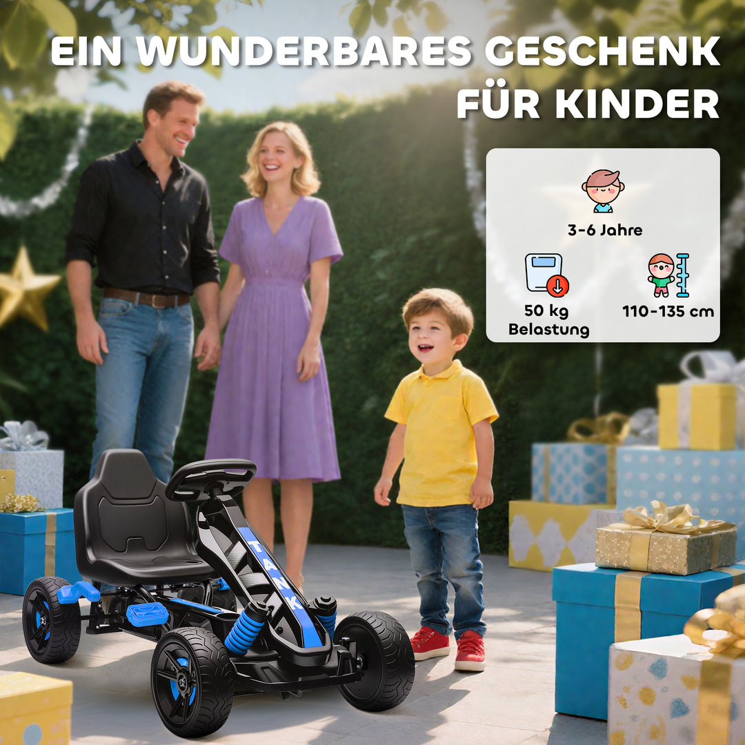 Gokart med pedaler, pedalbil til børn med bremse, skridsikre hjul, metalramme, 3-6 år, blå