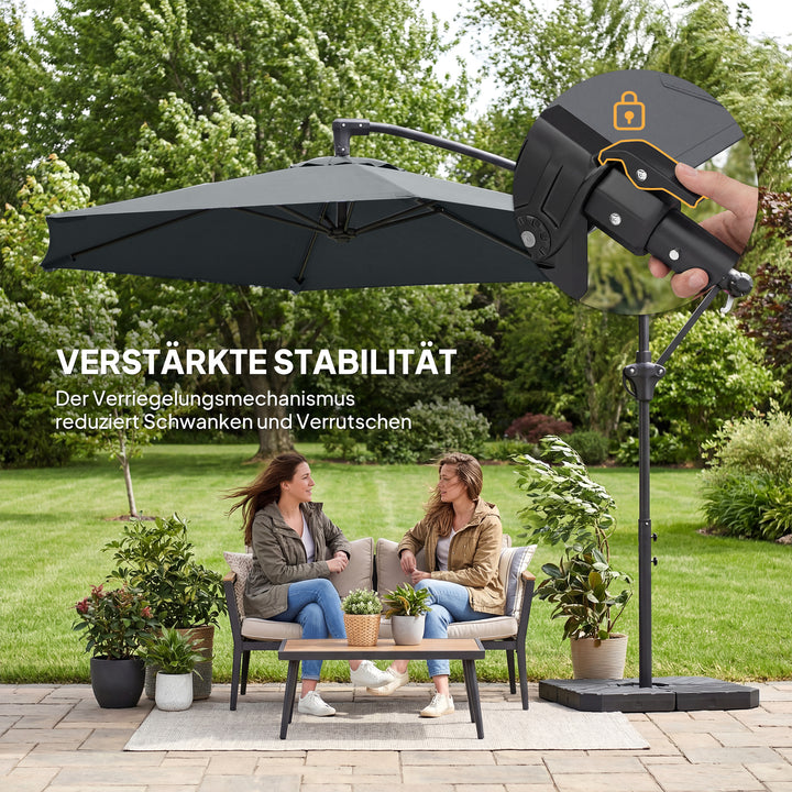 Fritstående parasol ca. Ø300 cm, solskærm med låsemekanisme, håndsving, stativ, vægte, mørkegrå