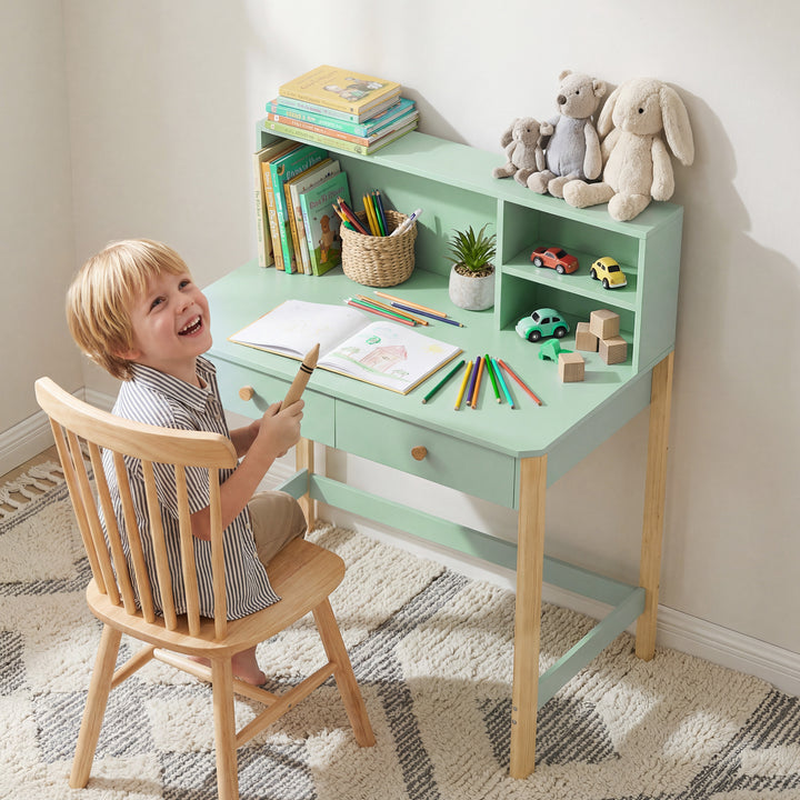 Børneskrivebord, elevskrivebord med skuffer, hylde, opbevaringsplads til børn i alderen 5-12 år, 90 x 52 x 105 cm, grøn