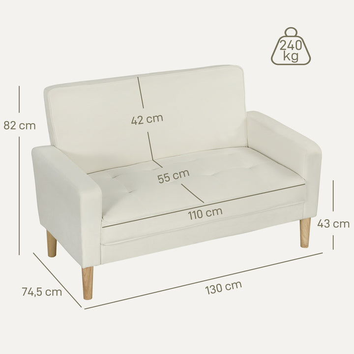 2-personers sofa, dobbeltsofa med gummiben i træ, polstret sofa til stue, soveværelse, cremehvid