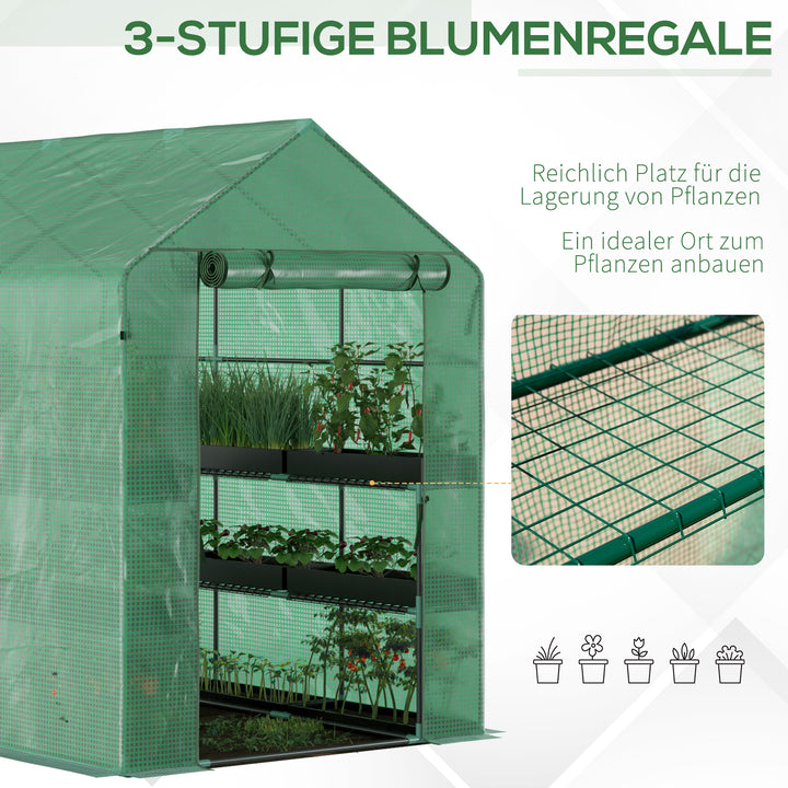 Plastikdrivhus, walk-in drivhus med 8 hylder, tomatdrivhus, drivhus, kold ramme med dør, grøn stål, pe-plast 214 x 143 x 195 cm
