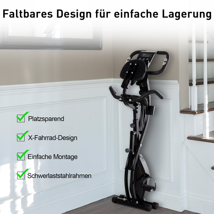 X-bike 2-i-1 motionscykel med lcd-skærm, pulsmåler, foldbar motionscykel med 8 niveauer af magnetisk modstand, 1 par spændereb, stål, sort, 105 x 48 x 118 cm