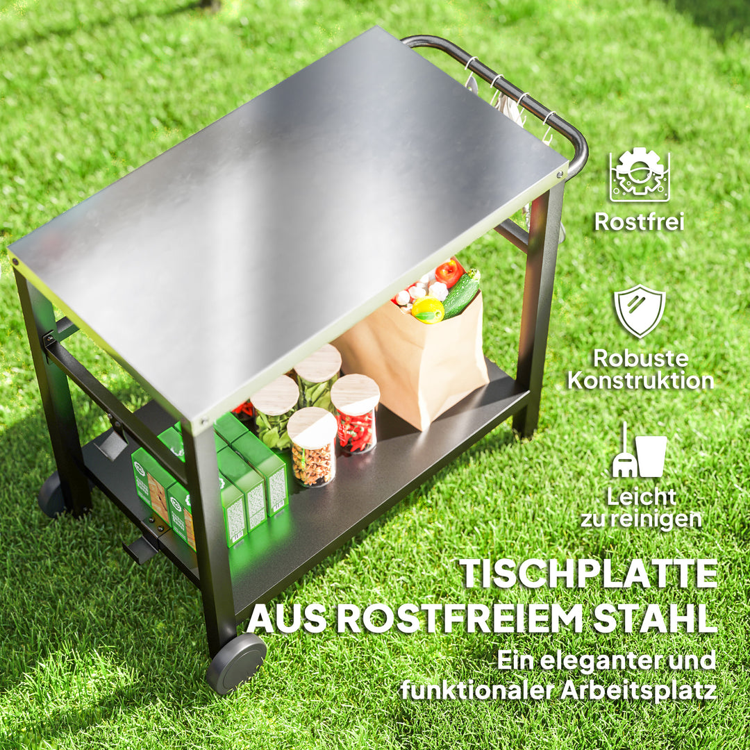 Grillvogn, serveringsvogn med 2 niveauer, arbejdsflade, hylder, kroge, hjul, rustfrit stål, 102 x 56 x 81 cm