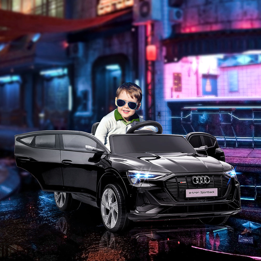 Elektrisk børnebil 12V elbil Audi E-tron elbil med fjernbetjening, sikkerhedssele, musik (MP3/USB/TF), børnebil til børn 3-5 år, 3-5 km/t, sort
