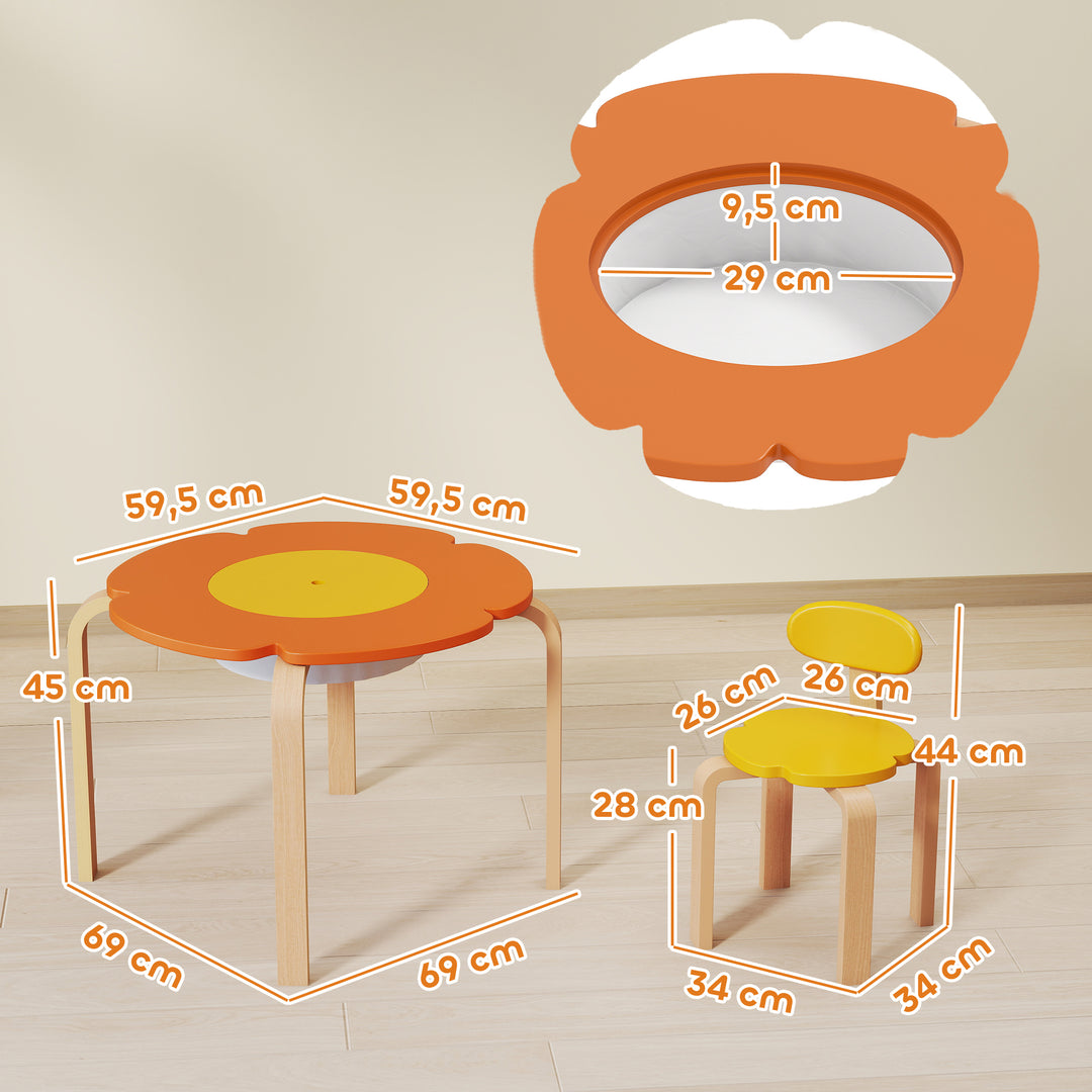 5-delt børnebord og stolesæt, med opbevaringstaske, blomsterformet, til legerum, børneværelse, træ, farverig