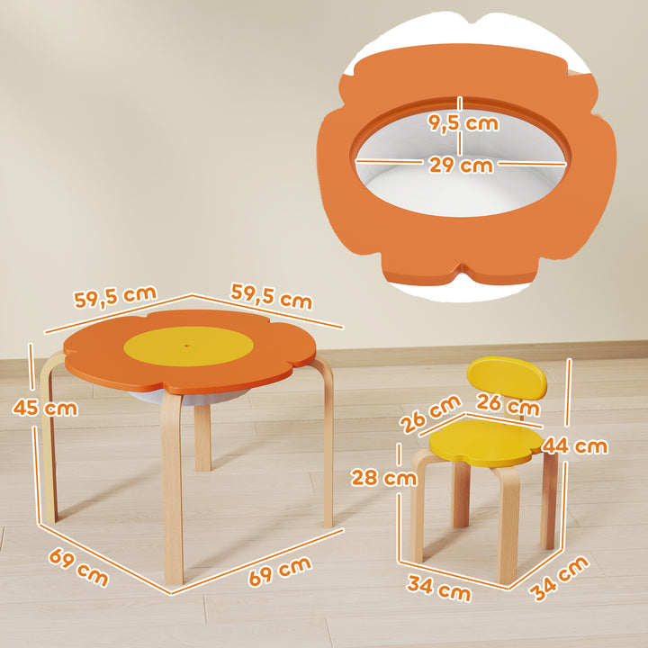 5-delt børnebord og stolesæt, med opbevaringstaske, blomsterformet, til legerum, børneværelse, træ, farverig