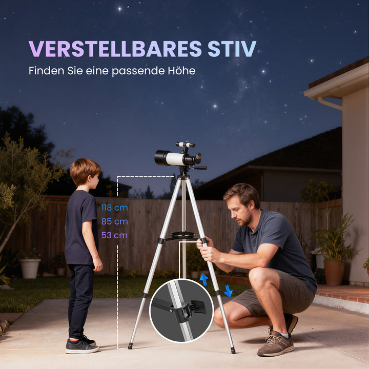 Teleskop for astronomibegyndere og voksne, 70 mm blænde, 400 mm AZ-fatning, astronomisk refraktor med stativ