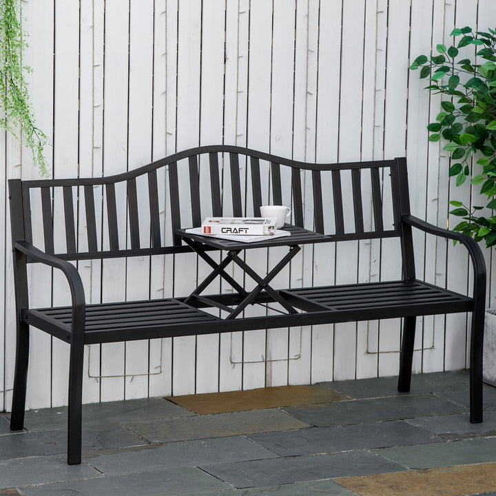 2-personers havebænk, robust parkbænk med udtrækkeligt bord, 240 kg lasteevne, terrassebænk med ryglæn og armlæn, havemøbler til terrasse, have, 150 x 58,5 x 90 cm, sort