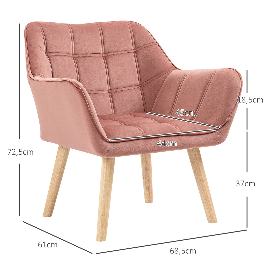 Polstret lænestol, accentstol, skandinavisk design, fløjlslook, op til 120 kg, ben i gummitræ, pink