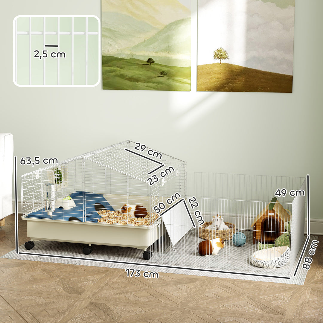 Bur til små dyr, balkon, rampe, fodertrug, vandflaske, 2-etagers design, hvid