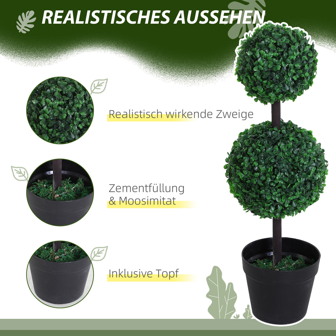 Sæt med 2 kunstige planter, kunstige planter i kugledesign, kunstigt træ i cementpotte, plastikplante, grøn+sort