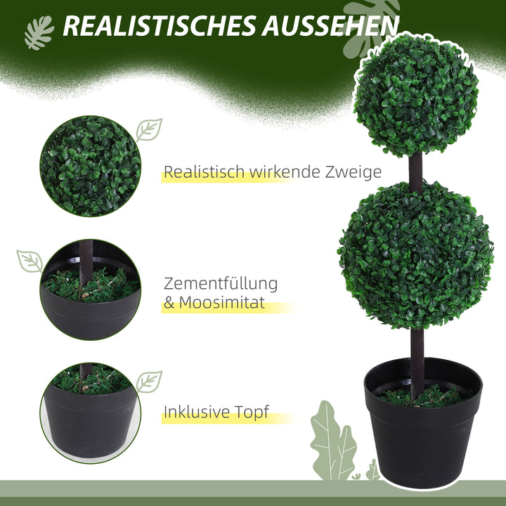 Sæt med 2 kunstige planter, kunstige planter i kugledesign, kunstigt træ i cementpotte, plastikplante, grøn+sort