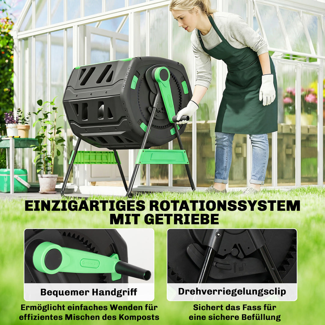 Kompostbeholder, 200L dobbeltkammerkomposter med justerbare ventilationsåbninger, BPA-fri, grøn