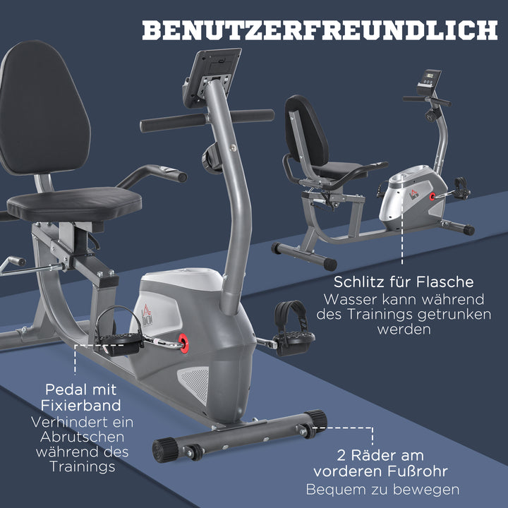 Liggende motionscykel med LCD-display, 8-trins justerbar magnetisk modstand, liggende motionscykel, hjemmetræner med pulsmålere, justerbar ryglæn, liggende motionscykel til seniorer op til 110 kg
