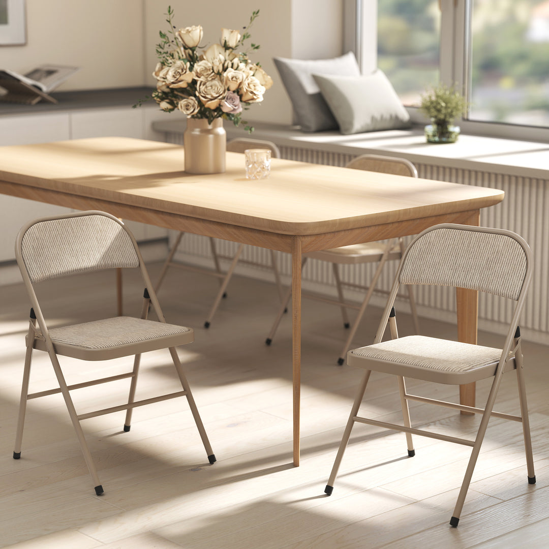 Sæt med 2 klapstole, bærbare kontorstole, metalben, klapstol til kontor, reception, venteværelse, linnedlook, beige