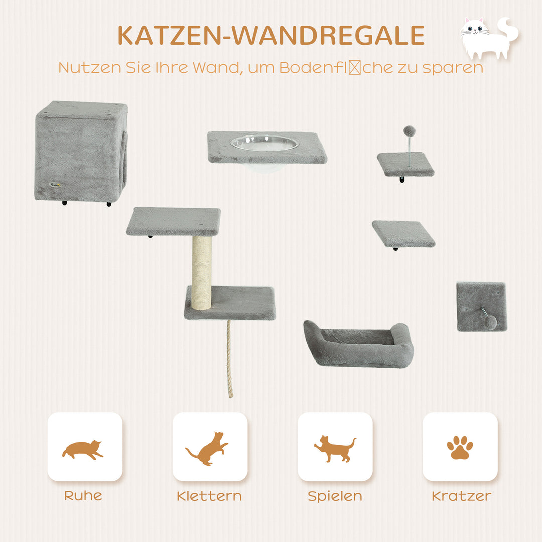 Klatrevæg katte 7-delt klatrevægsæt til katte med kattehus, platform, platform grå