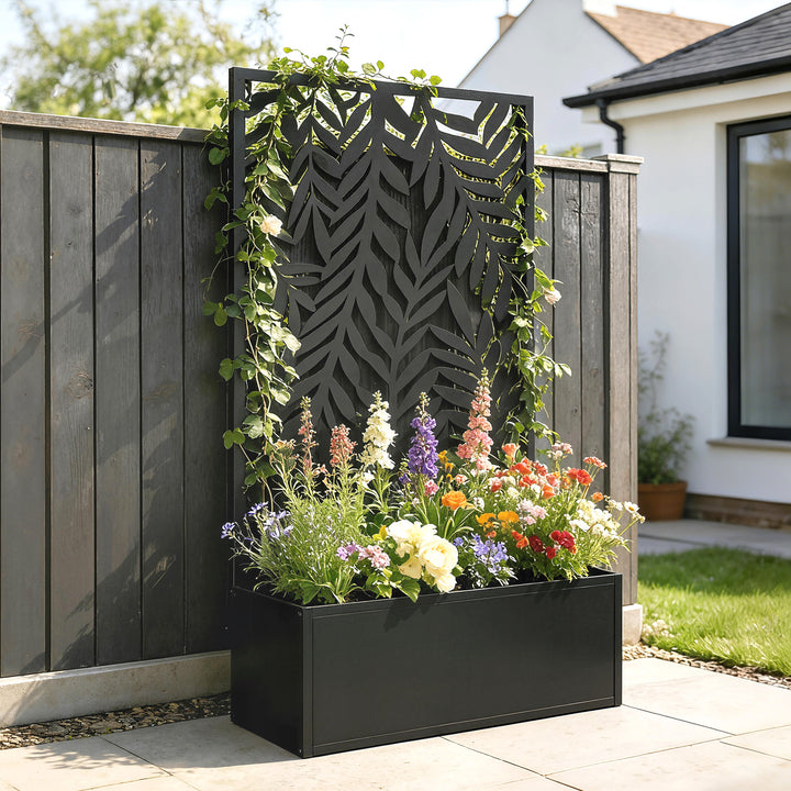 Blomsterkasse med afskærmning, plantekasse med espalier og tropiske bladmotiver, 61 x 23 x 113 cm, sort