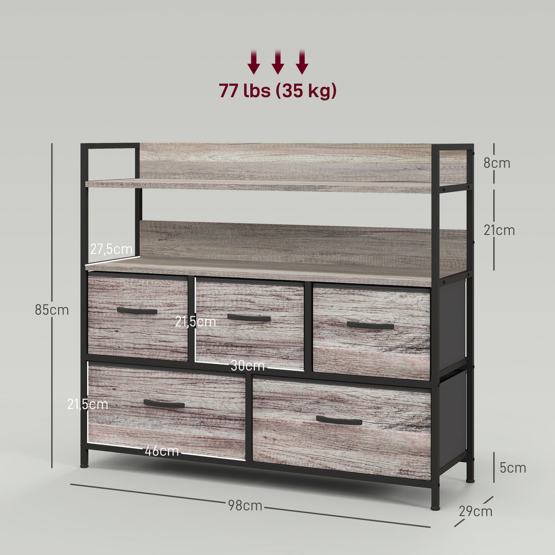 Stofkommode, 5 foldbare skuffer, 2 hylder, stålramme, 98 x 29 x 85 cm, grå