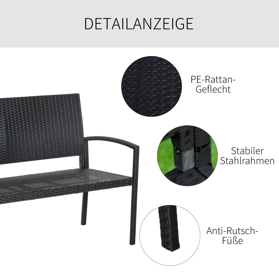 Havebænk, rattan-look, med stålstel, til 2 personer, sort, 122 x 60 x 85 cm