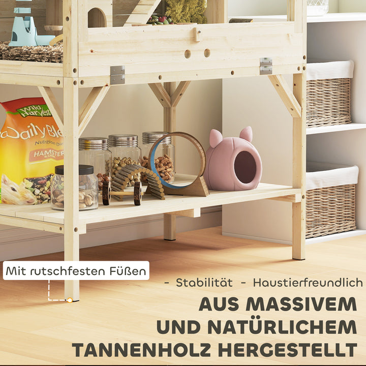 Hamsterbur, 2 niveauer, bur til små dyr med opbevaringsrum, tilbehør, 84 x 53 x 110 cm, naturtræ