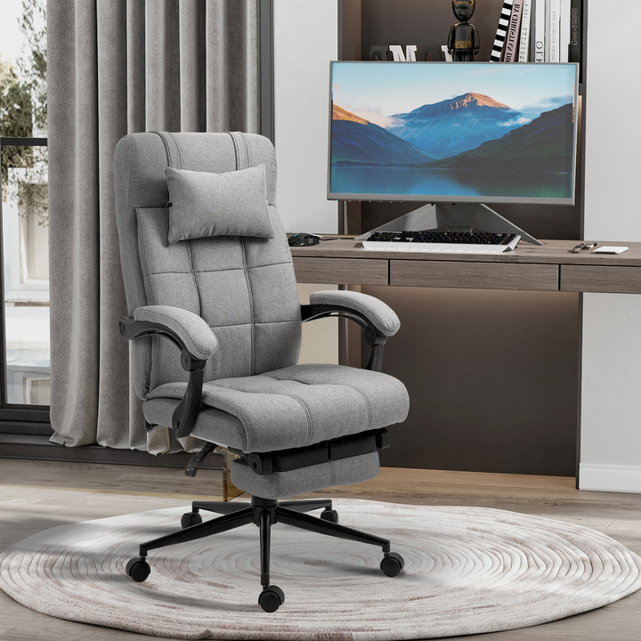 Kontorstol med nakkestøtte, armlæn, kontorstol med vippevinkel, højdejusterbar drejestol med fodstøtte, hør, skum, pvc, lysegrå, 66 x 76 x 112-120 cm