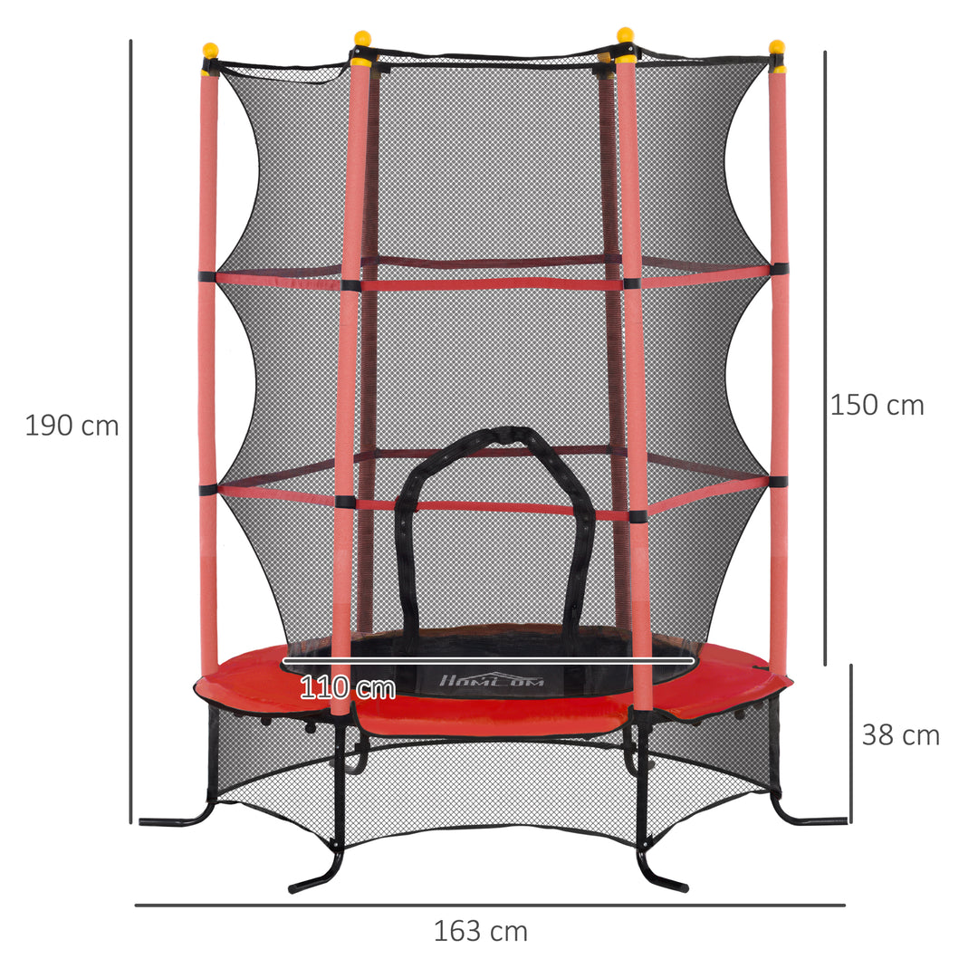 Børnetrampolin, 163 cm diameter, med sikkerhedsnet, til indendørs og udendørs brug, lasteevne op til 50 kg, stål, plastik, rød