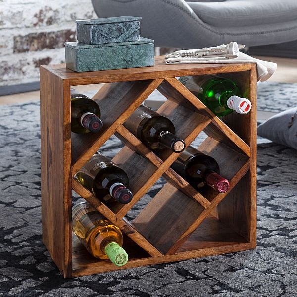 Vinreol i massivt træ, 40x40x25 cm, plads til 8 flasker, brun