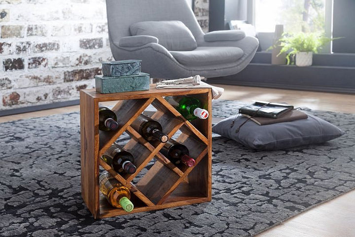 Vinreol i massivt træ, 40x40x25 cm, plads til 8 flasker, brun