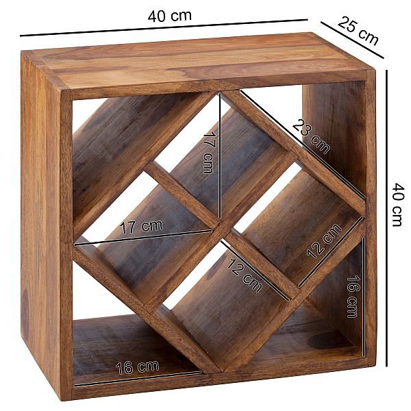 Vinreol i massivt træ, 40x40x25 cm, plads til 8 flasker, brun